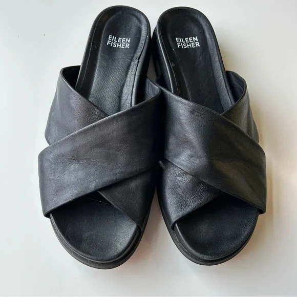 Eileen Fisher tumbled leather sandals size 9 black tan slip on - Picture 8 of 11